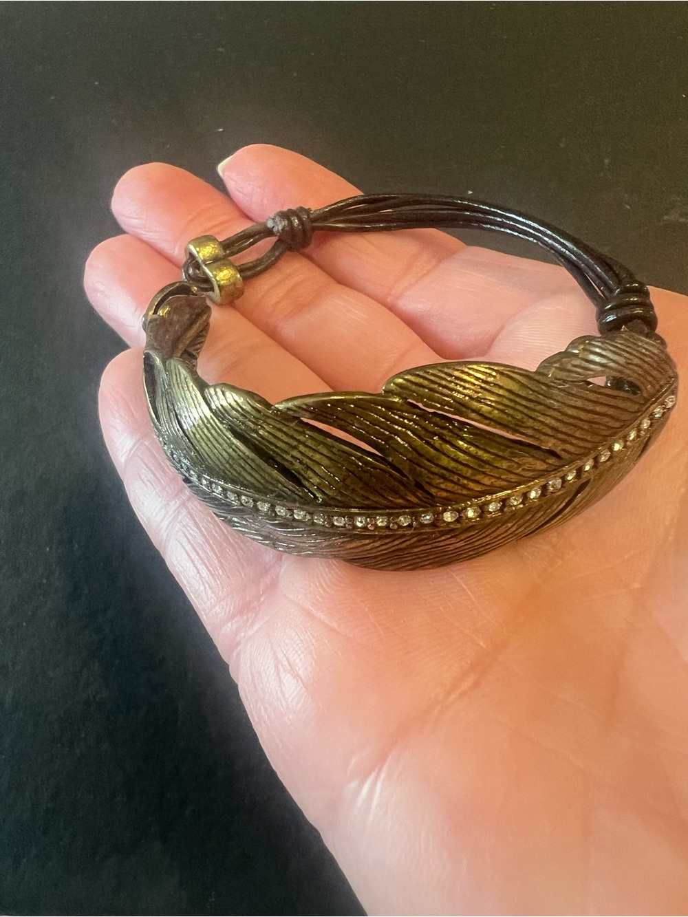 Fossil Bronze Feather Bracelet with Rhinestone Accent